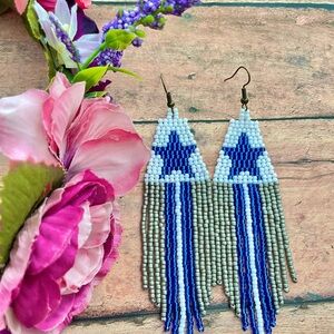 Blue and White Beaded Earrings